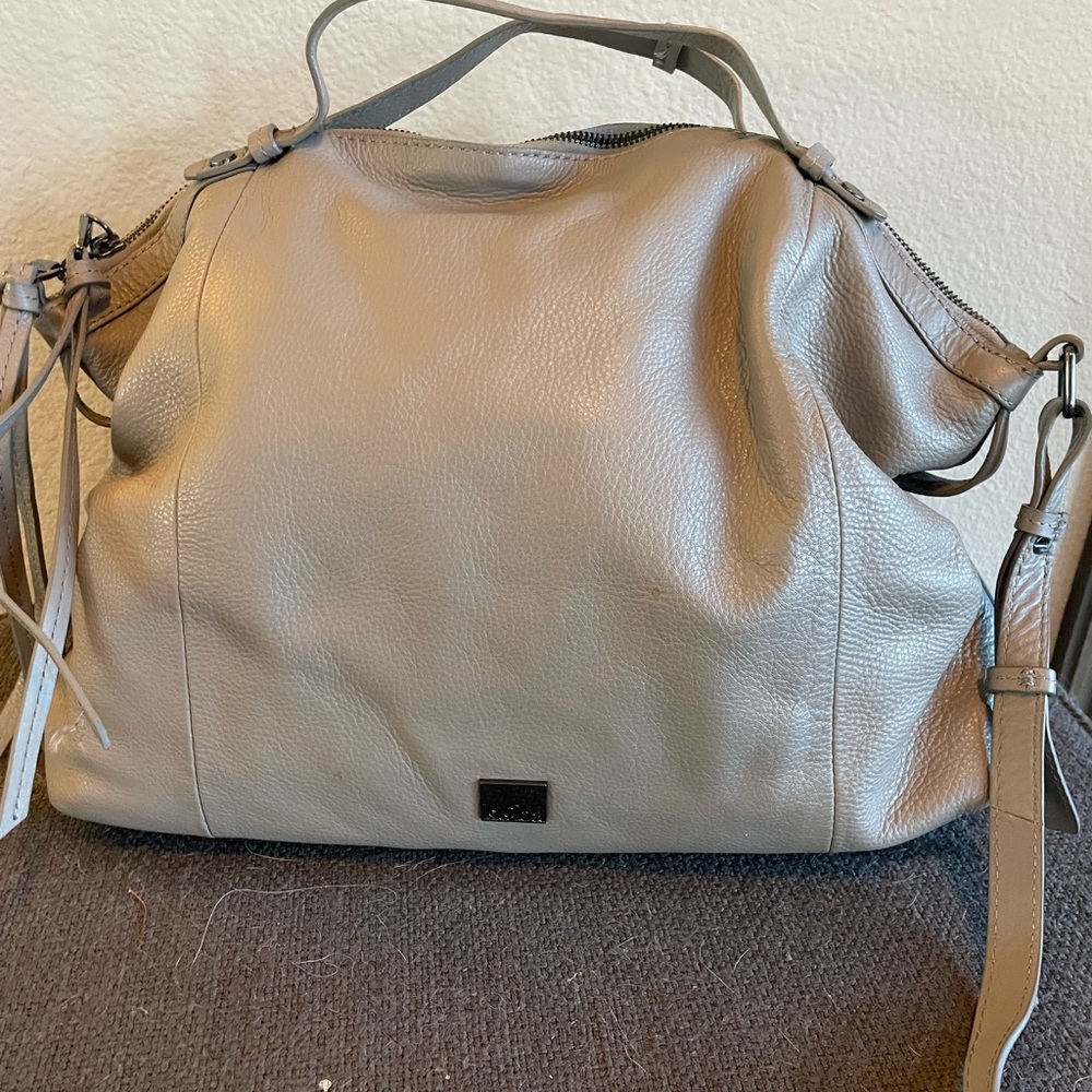 Kooba grey pebbled leather zip top tote shoulder bag.